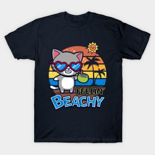 Cute Retro Vintage Cat Chilling On A Beach Funny Punny Meme T-Shirt